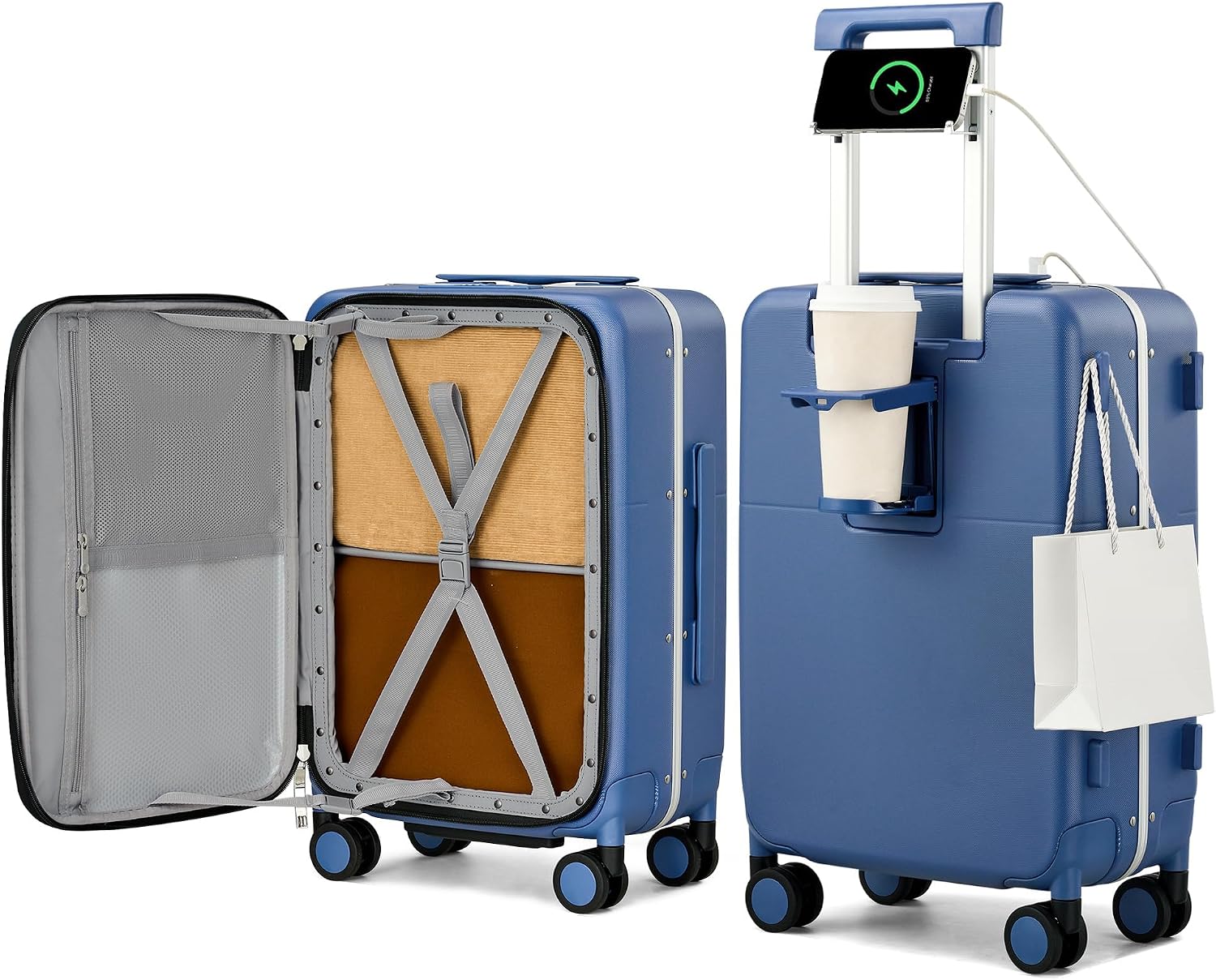 Hanke 20 Inch Top Opening Carry On Luggage with Cup Holder, Hard Shell Suitcase with Spinner Wheels, USB Ports, TSA Lock Aluminum Frame, Dry Wet Separation & Removable Divider, Interstellar Blue