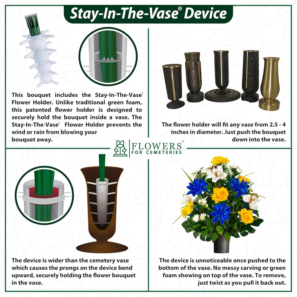 Sympathy Silks Artificial Cemetery Flowers - Gravesite Flowers - Blue Lily and Rose with White Daisies - (1) Headstone Flower Saddle & (2) Matching Bouquet (2) Cemetery Vase Included