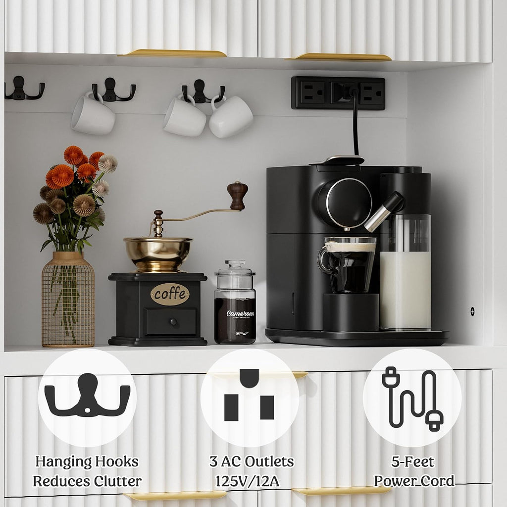 Lulive White Fluted Pantry Cabinet with Charging Station, Adjustable Shelves, Spacious Kitchen Storage Organizer with Open Countertop, Kitchen Hutch with Storage Drawers for Dining & Living Room