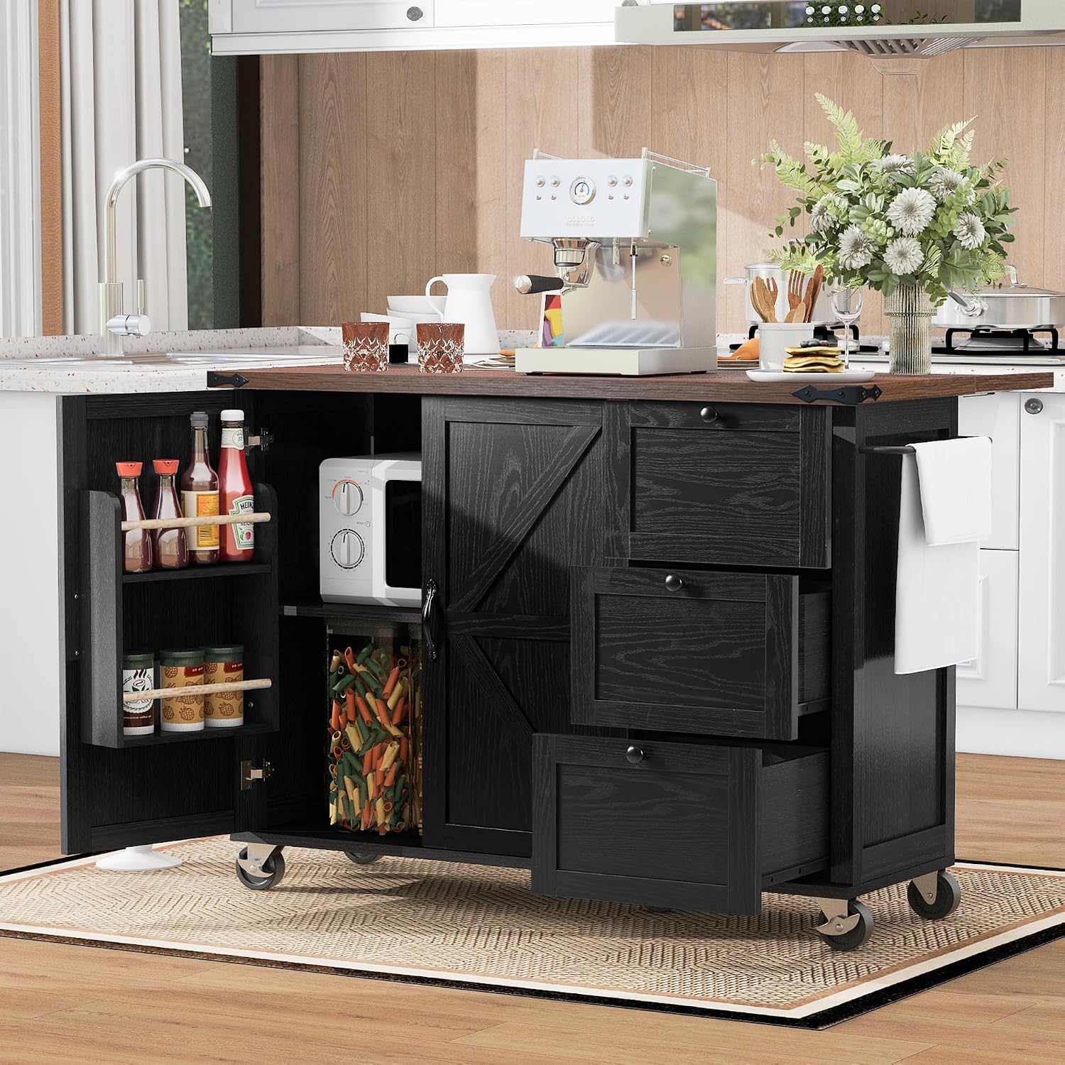 54.5' Farmhouse Rolling Kitchen Island Cart on Wheels with Power Outlet, Storage Island with Drop Leaf, Spice Rack and Drawer for Dining Room Kitchens Living Room Black