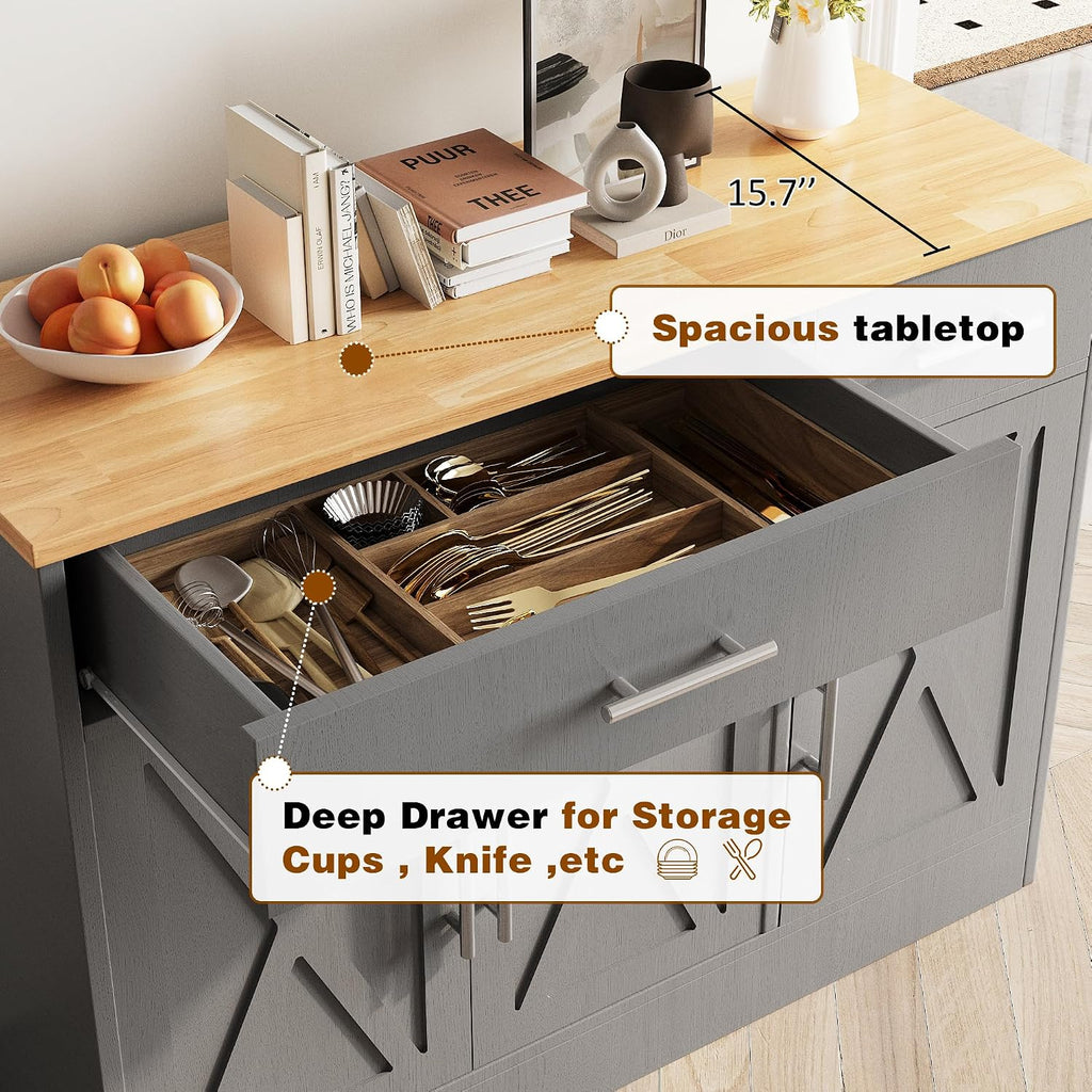 Vongrasig Sideboard Buffet Cabinet with Storage, 43' Farmhouse Coffee Bar Storage Cabinet with Drawers and Shelves, Modern Buffet Table for Kitchen, Dining Room, Grey