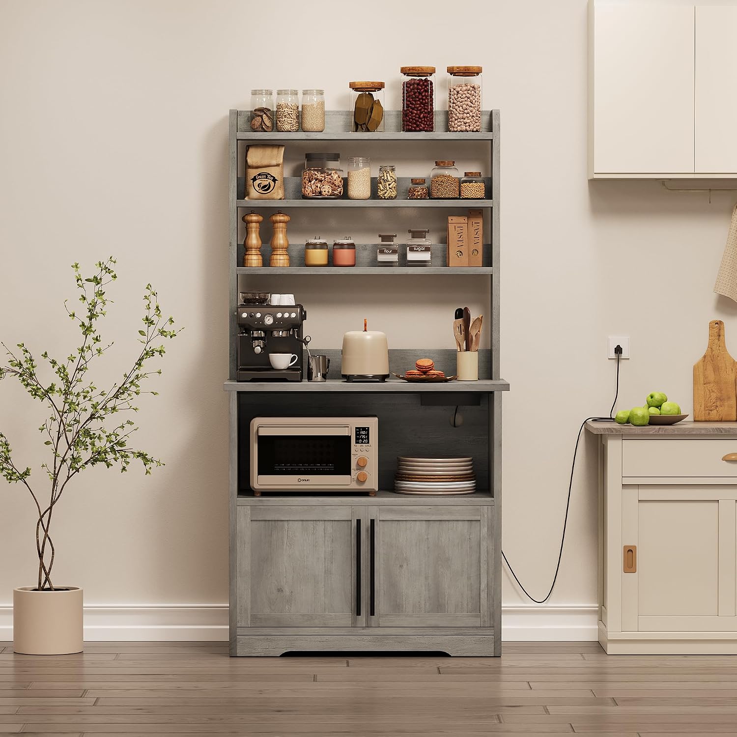 Farmhouse Bakers Rack with Power Outlet & USB Ports, Microwave Stand with Thickened Countertop and Storage Cabinet, Coffee Bar Cabinet Pantry Organizer Shelf for Kitchen, Rustic Gray
