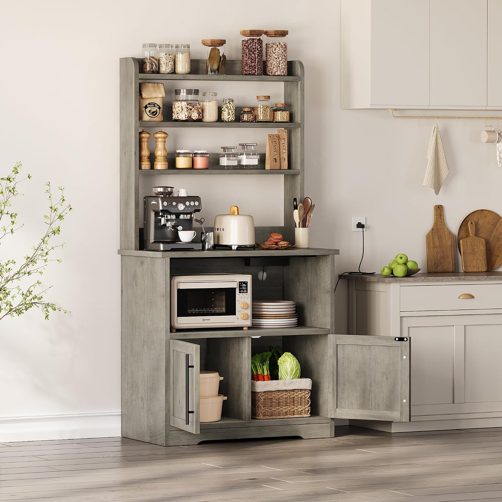 TrailBlaze Farmhouse Bakers Rack – Storage Cabinet & Thickened Tabletop – Power Outlets & USB Ports – Coffee Bar Shelf for Dining Room – Color: Grey, US Standard Power