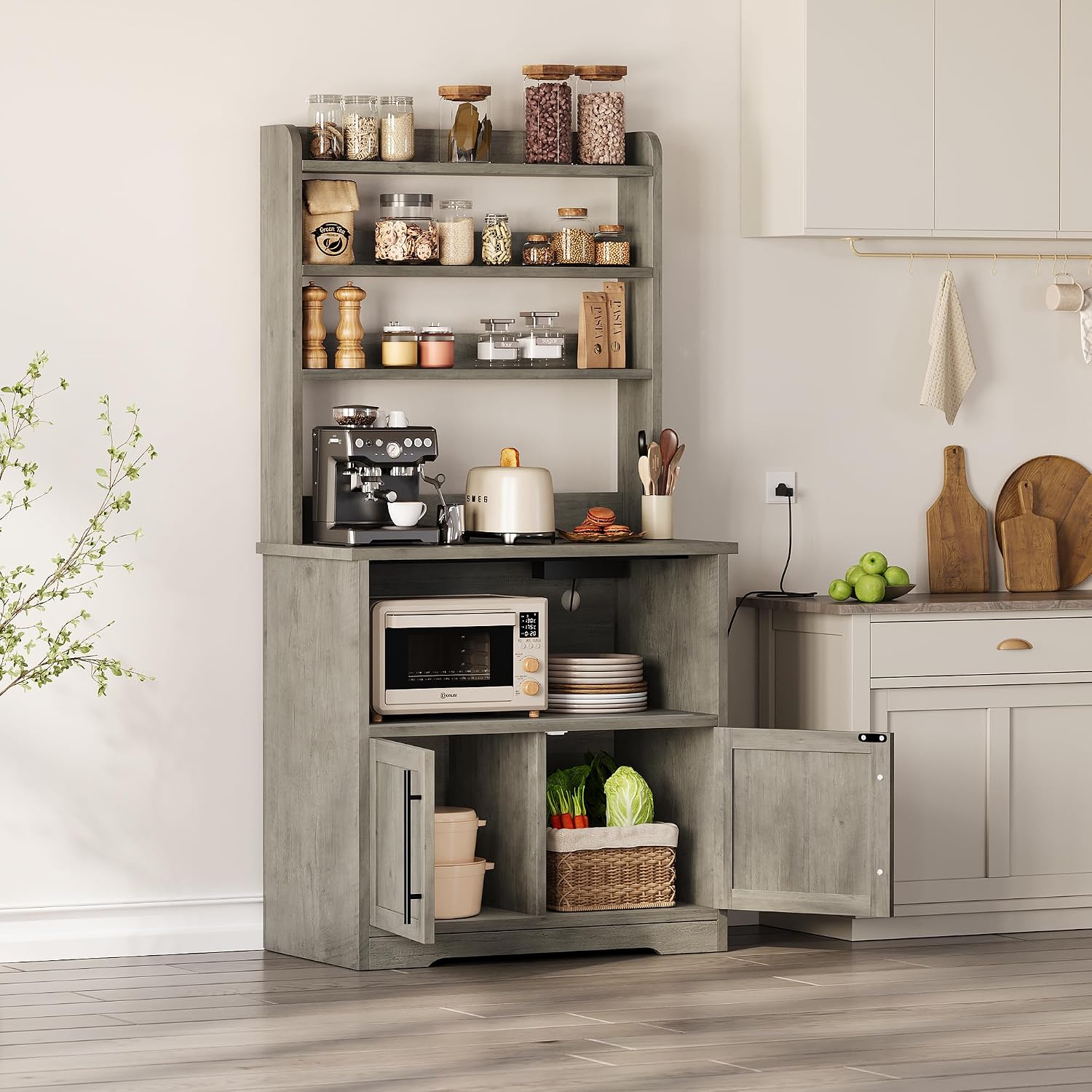 TrailBlaze Farmhouse Bakers Rack – Storage Cabinet & Thickened Tabletop – Power Outlets & USB Ports – Coffee Bar Shelf for Dining Room – Color: Grey, US Standard Power