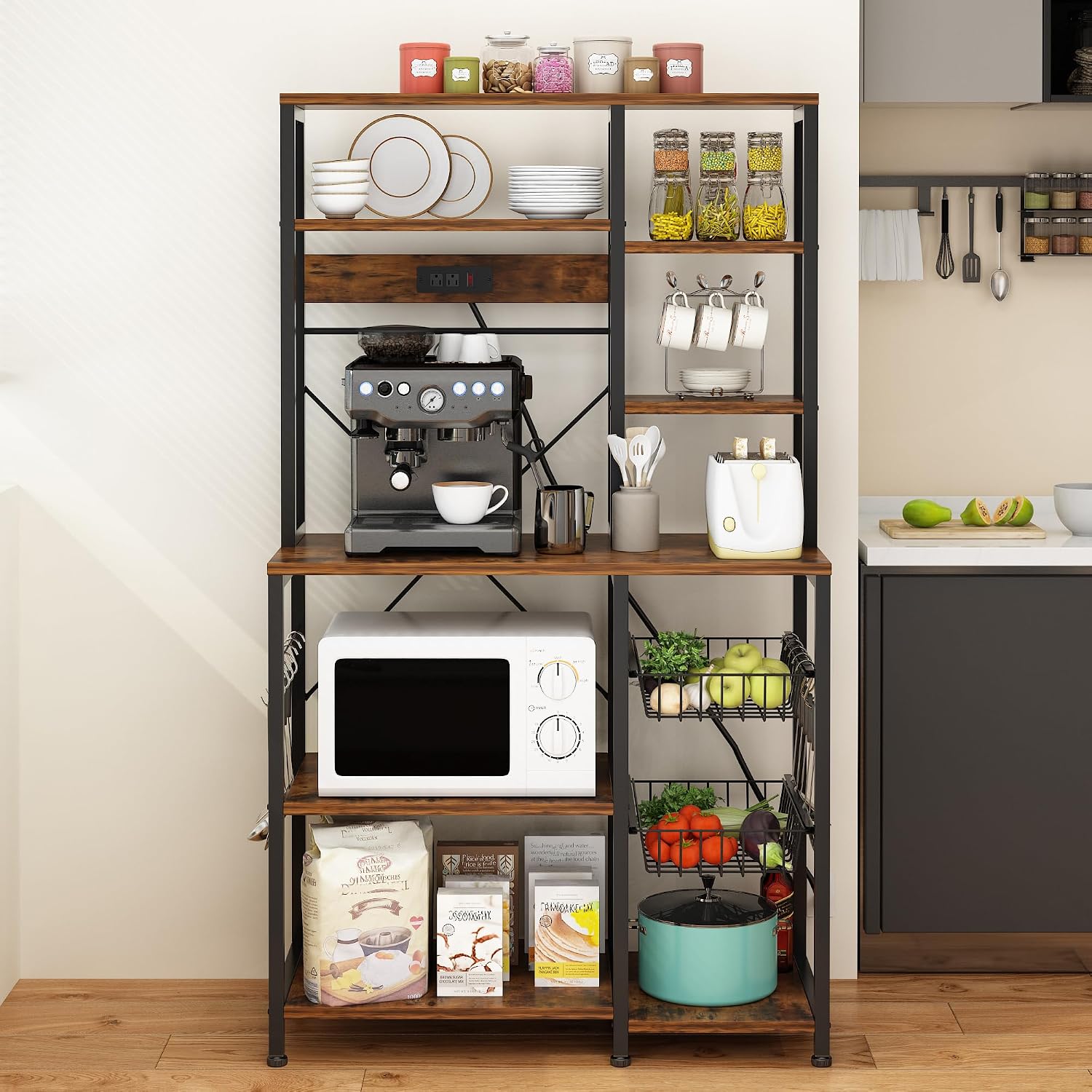 Large Bakers Rack with Power Outlets, 6-Tier Microwave Stand with 10 S Hooks, Kitchen Storage Shelf with Wire Basket, Coffee Bar Station for Kitchen and Dining Room, Rustic Brown