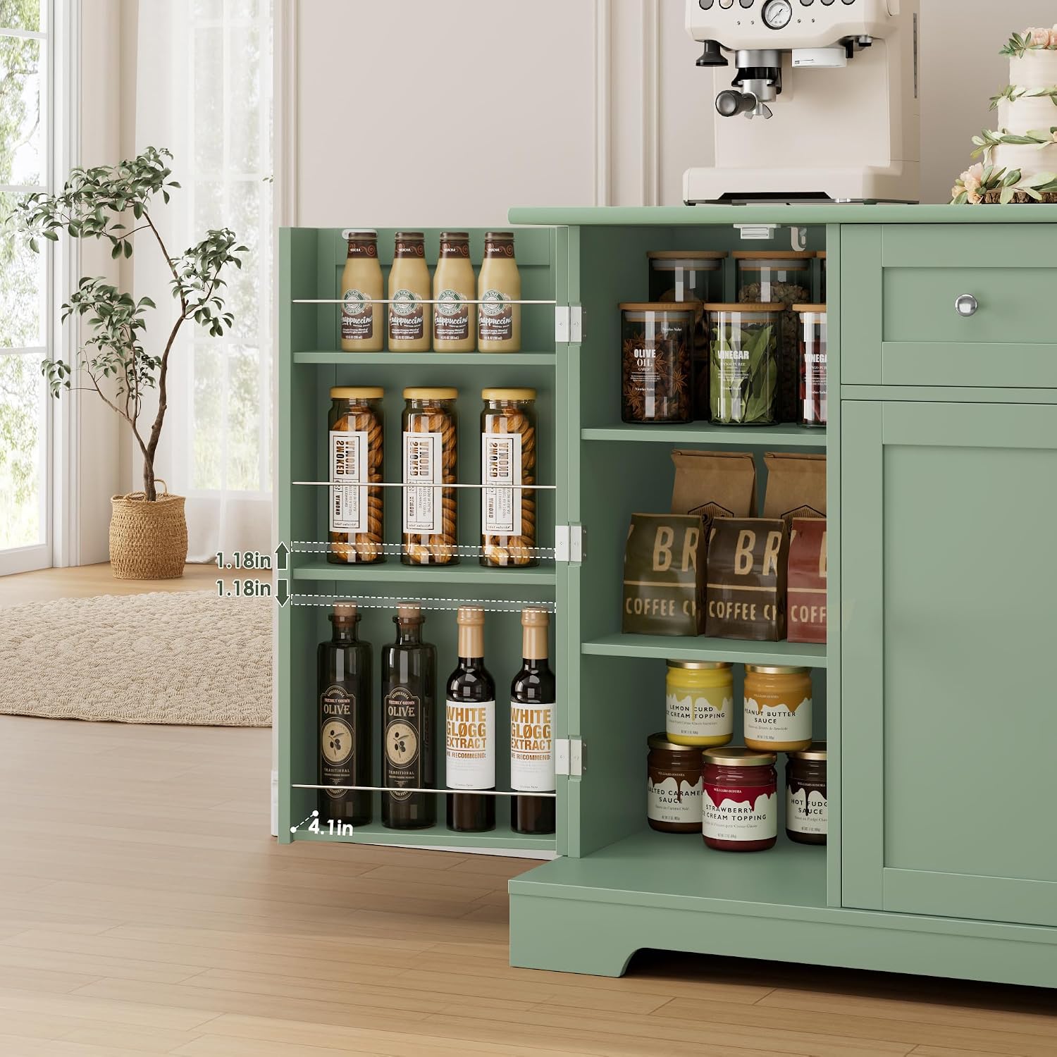 HITHOS 54' Buffet Cabinet with Storage, Modern Kitchen Buffet Sideboard with Drawer, Wood Coffee Bar Station with Adjustable Shelves, Kitchen Storage Cabinet for Living Room, Green