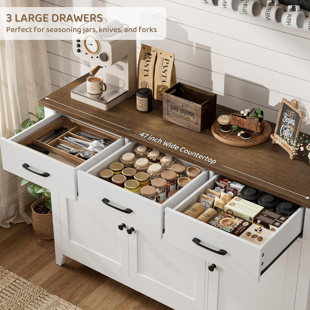 HORSTORS 47' Buffet Cabinet with Storage, Kitchen Buffet Table with Drawers, Modern Farmhouse Coffee Bar Storage Cabinet with Adjustable Shelf, Wood Sideboard for Dining Room, Kitchen, Entryway, White