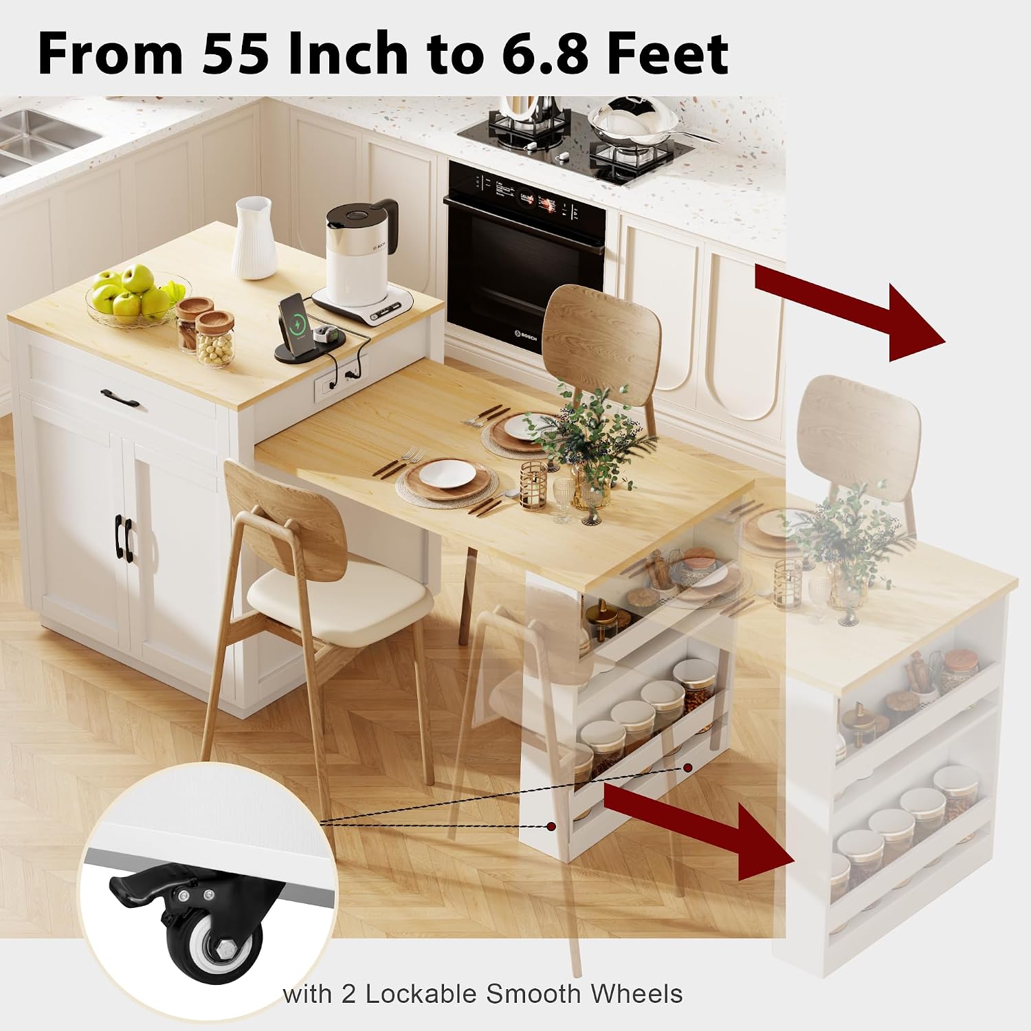 82.7 inches Kitchen Island with Extendable Table, Faux Mable Table with Double-Sized Storage, Power Outlet, 2 Drawers, 2 Side Open Shelves for Kitchen for 4-6 Person, Dining Room, White