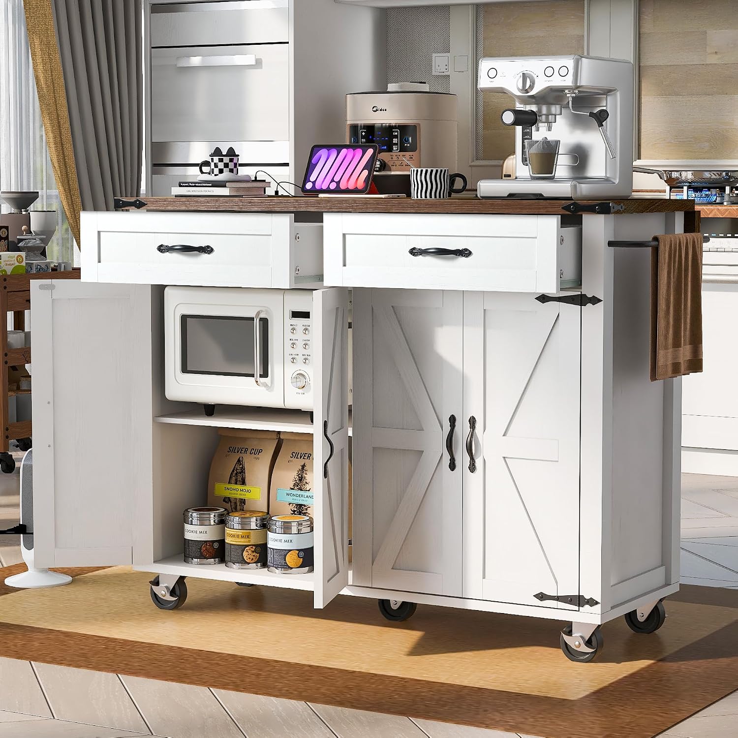 Farmhouse Kitchen Island,Large Rolling Kitchen Cart on Wheels White | Solid Wood Storage Island with Drop Leaf, Spice Rack and Drawer,Power Outlet