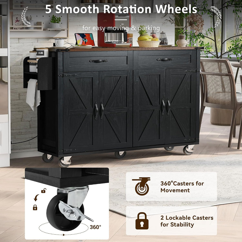 Farmhouse Kitchen Island,Large Rolling Kitchen Cart on Wheels Black | Solid Wood Storage Island with Drop Leaf, Spice Rack and Drawer,Power Outlet