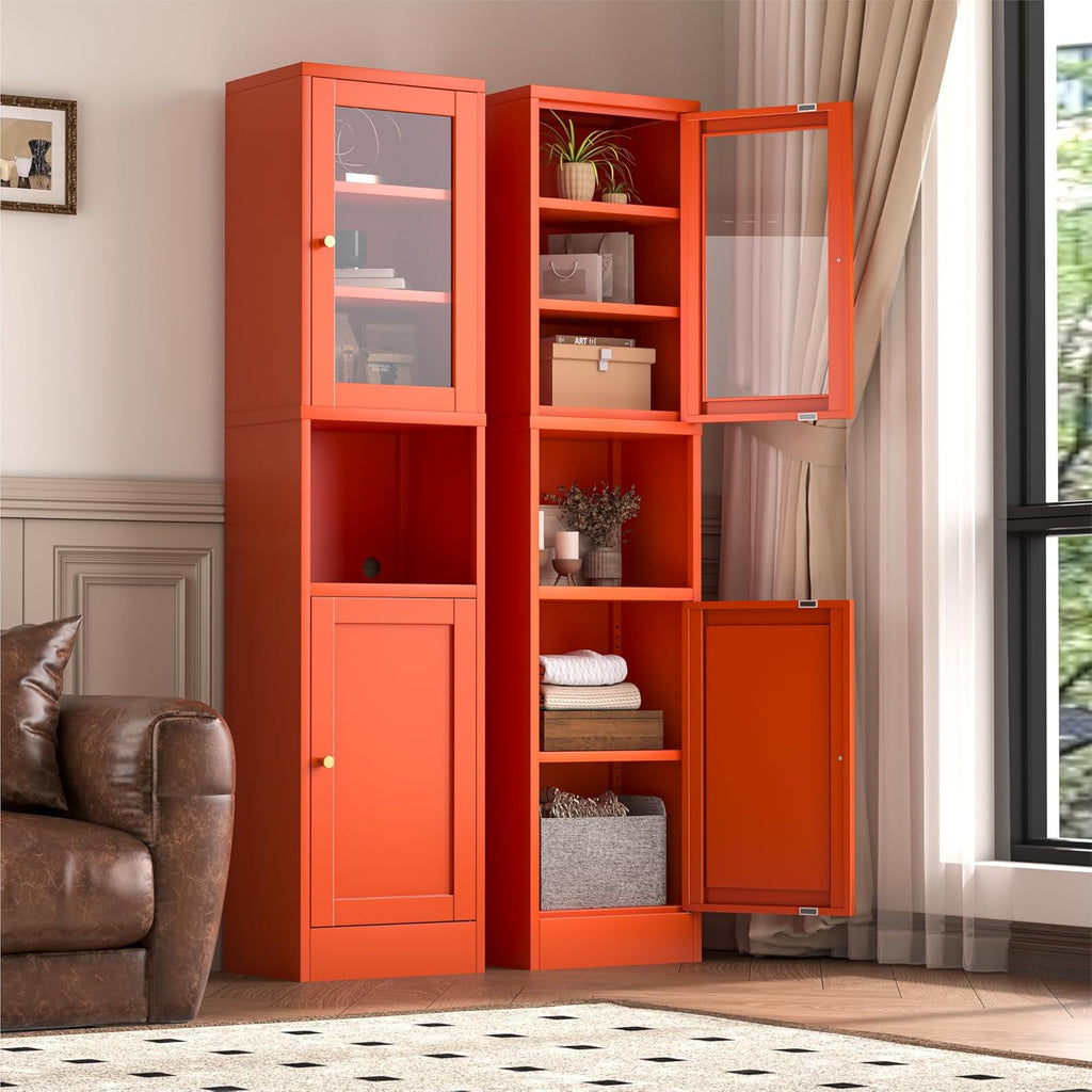 YAUWOH 2-Door Metal Storage Cabinet, Tall Slim Pantry Organizer with 3 Adjustable Shelves (120LBS/Shelf), Anti-Tipping Waterproof Cabinet for Bathroom/Kitchen/Home Office/Small Spaces,(1PC,Orange)