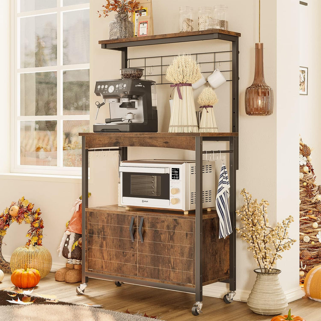 Bestier Bakers Racks with Storage Cabinet, Height-Adjustable 45' to 55' Microwave Stand for Kitchen with Wheels & Feet, Industrial Rolling Coffee Bar Shelf with 10 S-Hooks Rustic Brown