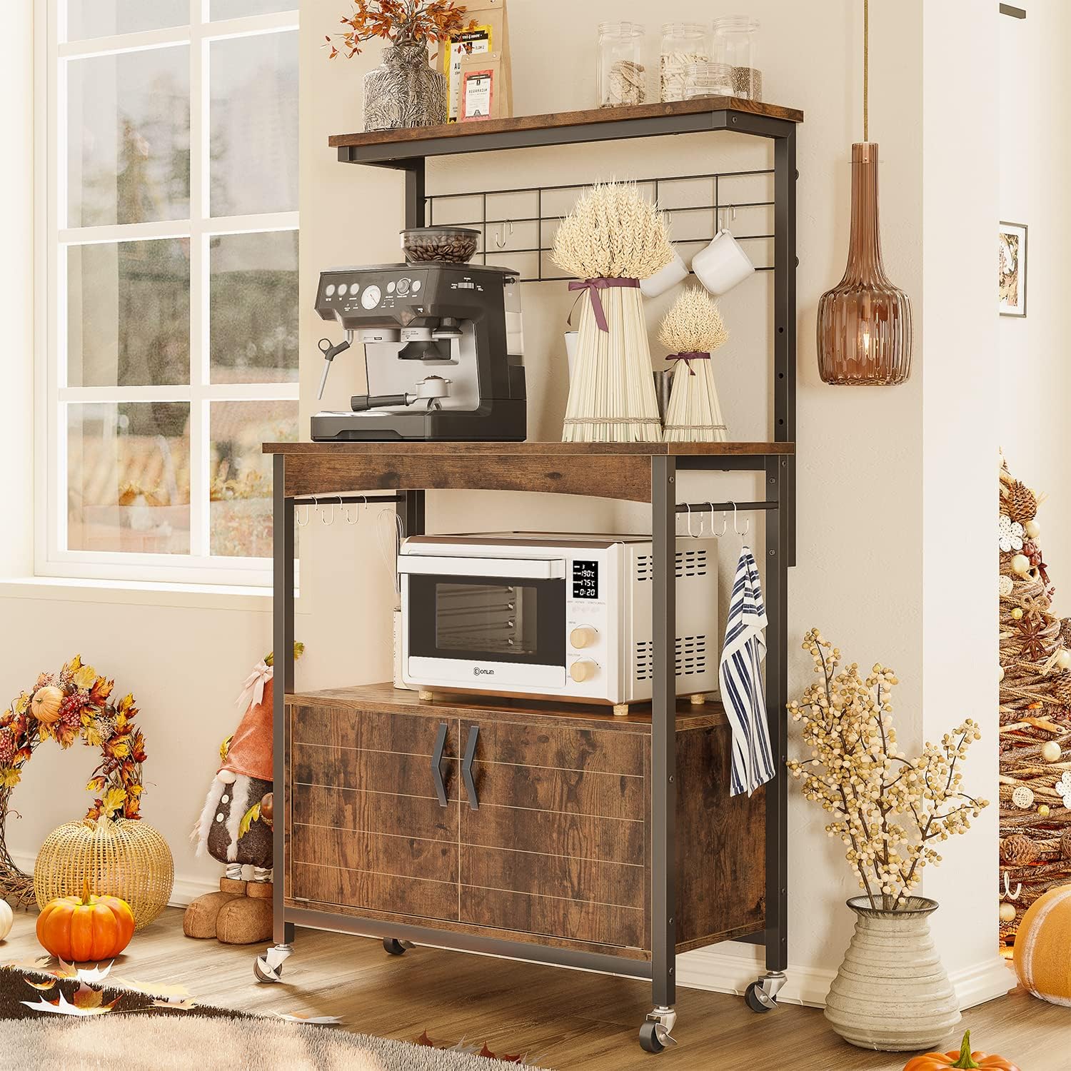 Bestier Bakers Racks with Storage Cabinet, Height-Adjustable 45' to 55' Microwave Stand for Kitchen with Wheels & Feet, Industrial Rolling Coffee Bar Shelf with 10 S-Hooks Rustic Brown