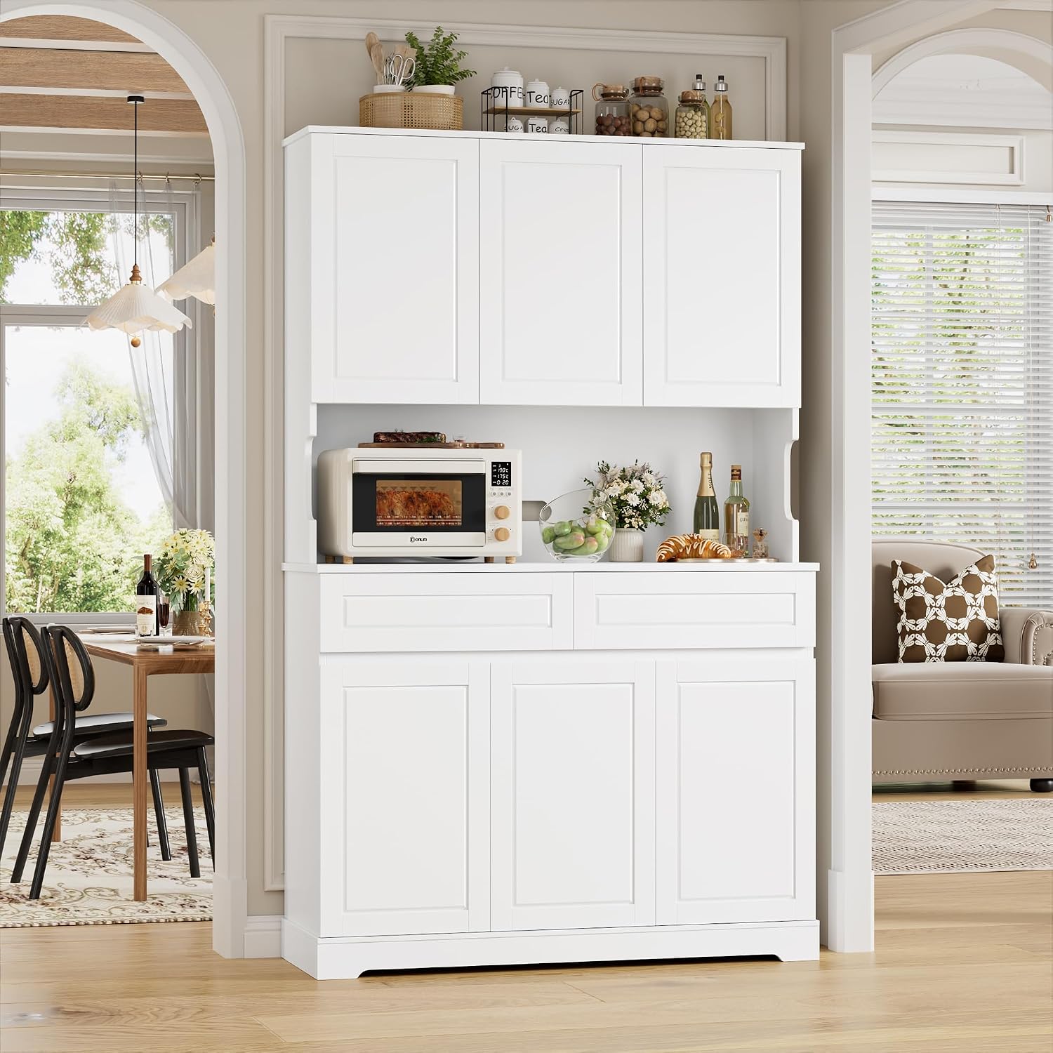 FACBOTALL 74' Pantry Cabinet, Tall Kitchen Pantry Cabinet with 6 Doors and 2 Drawers, Kitchen Hutch with Wide Countertop, Modern Kitchens Cupboard with Adjustable Shelves and Charge Holes, White