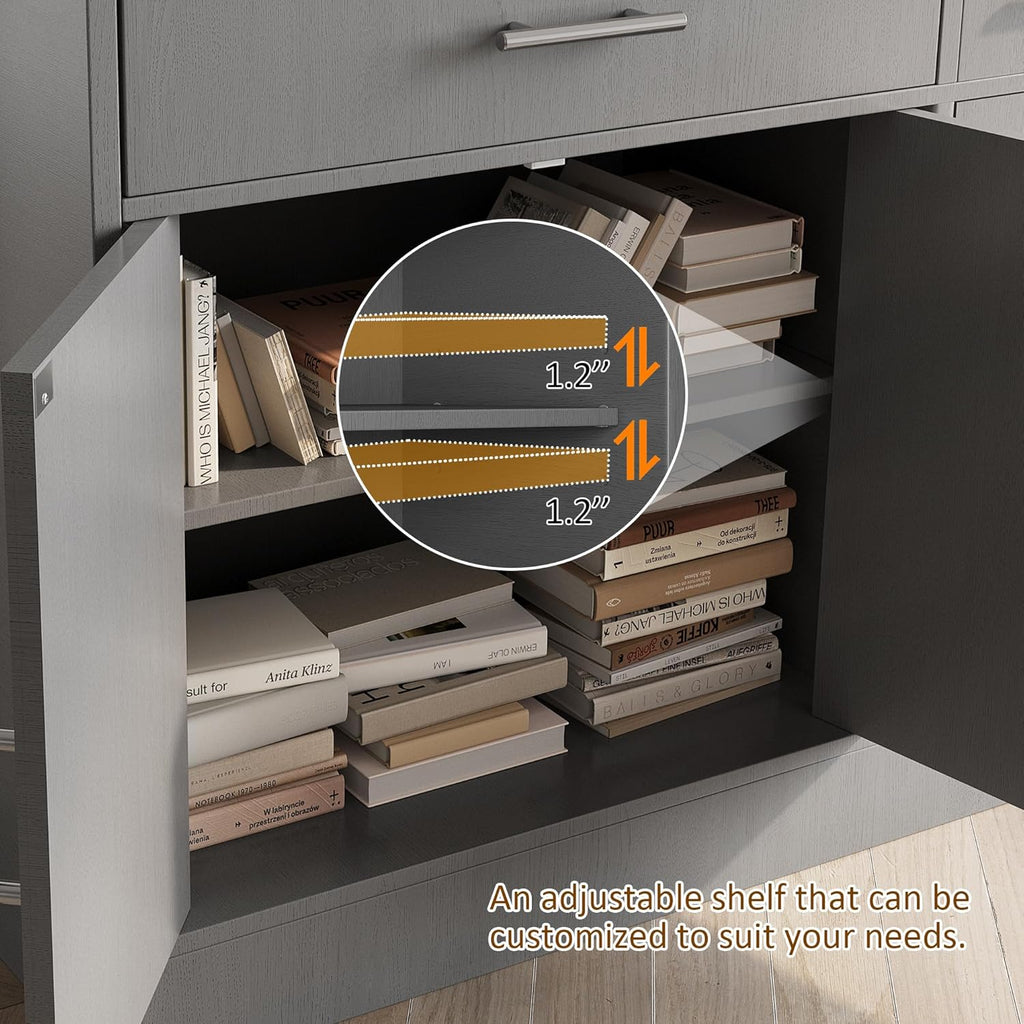Vongrasig Sideboard Buffet Cabinet with Storage, 43' Farmhouse Coffee Bar Storage Cabinet with Drawers and Shelves, Modern Buffet Table for Kitchen, Dining Room, Grey