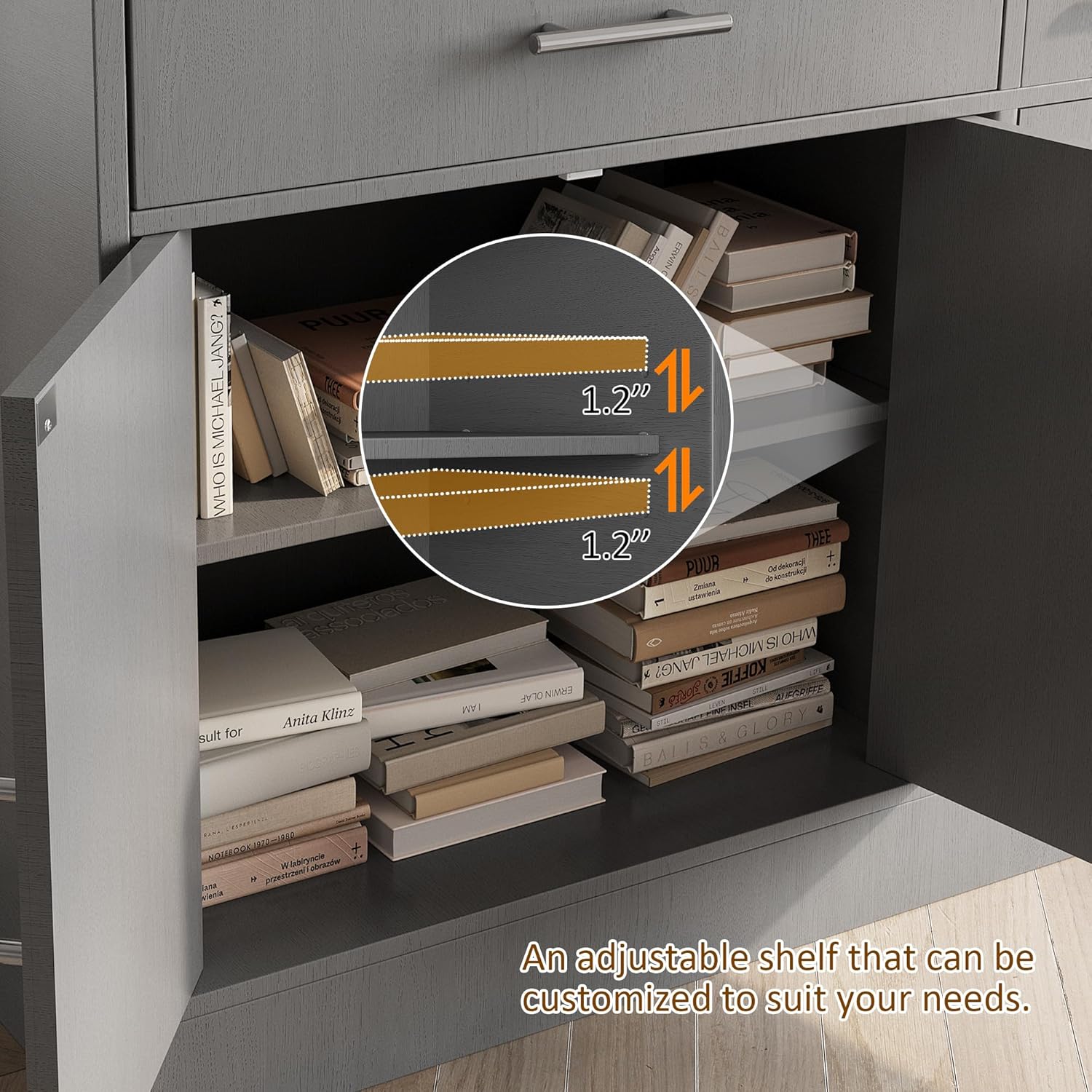 Vongrasig Sideboard Buffet Cabinet with Storage, 43' Farmhouse Coffee Bar Storage Cabinet with Drawers and Shelves, Modern Buffet Table for Kitchen, Dining Room, Grey