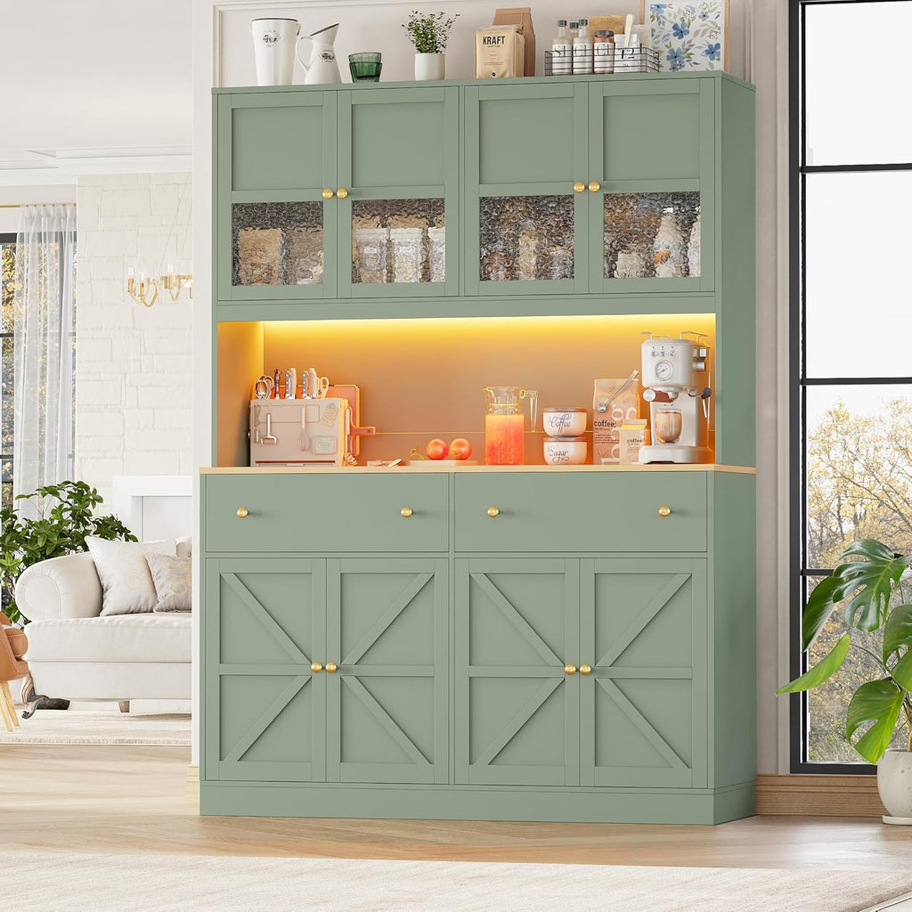 FINETONES 71' Pantry Cabinet with LED Light and Charging Station, Farmhouse Kitchen Pantry Cabinet with Microwave Stand, 47.2' Wide Kitchen Hutch Food Pantry with Open Countertop, Green
