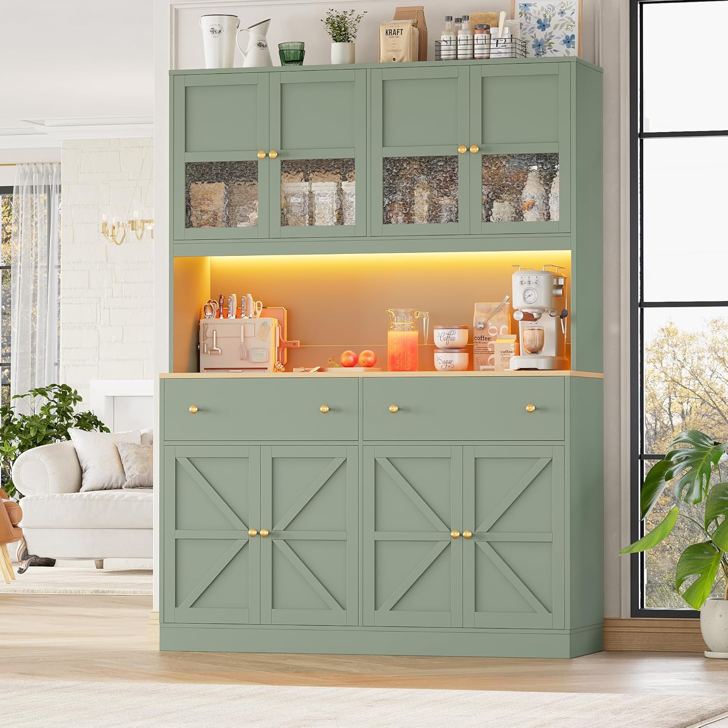FINETONES 71' Pantry Cabinet with LED Light and Charging Station, Farmhouse Kitchen Pantry Cabinet with Microwave Stand, 47.2' Wide Kitchen Hutch Food Pantry with Open Countertop, Green