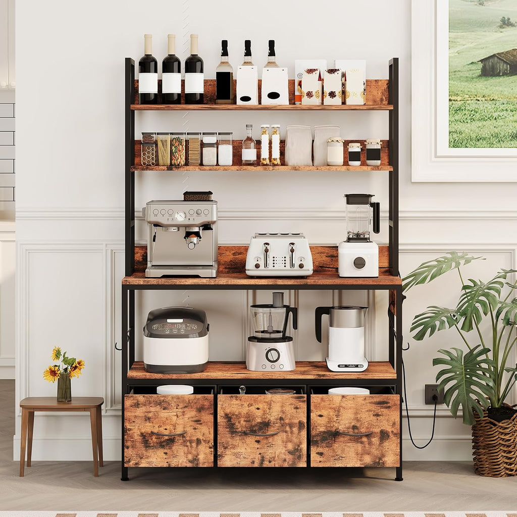 GAOMON 63.4in Bakers Rack with Charging Station, 5-Tier Standing Kitchen Industrial Microwave Oven Stand with Storage Cabinet and 10 Hooks, Rustic Brown