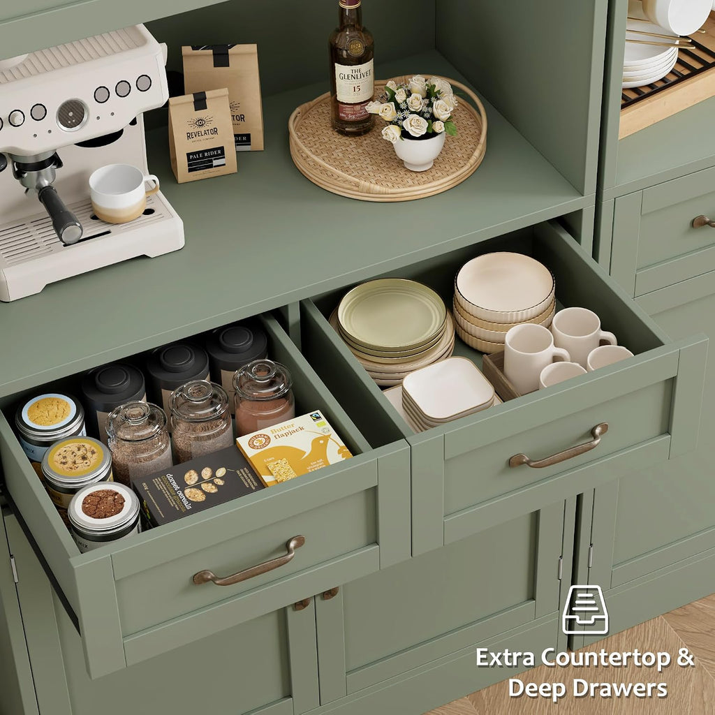 HOSTACK 71' Tall Kitchen Pantry Storage Cabinet, Modern Kitchen Hutch Bar Cabinet with Microwave Stand, Wood Buffet Sideboard with Hutch, Cupboard with Drawers, Shelves for Dining Room, Green