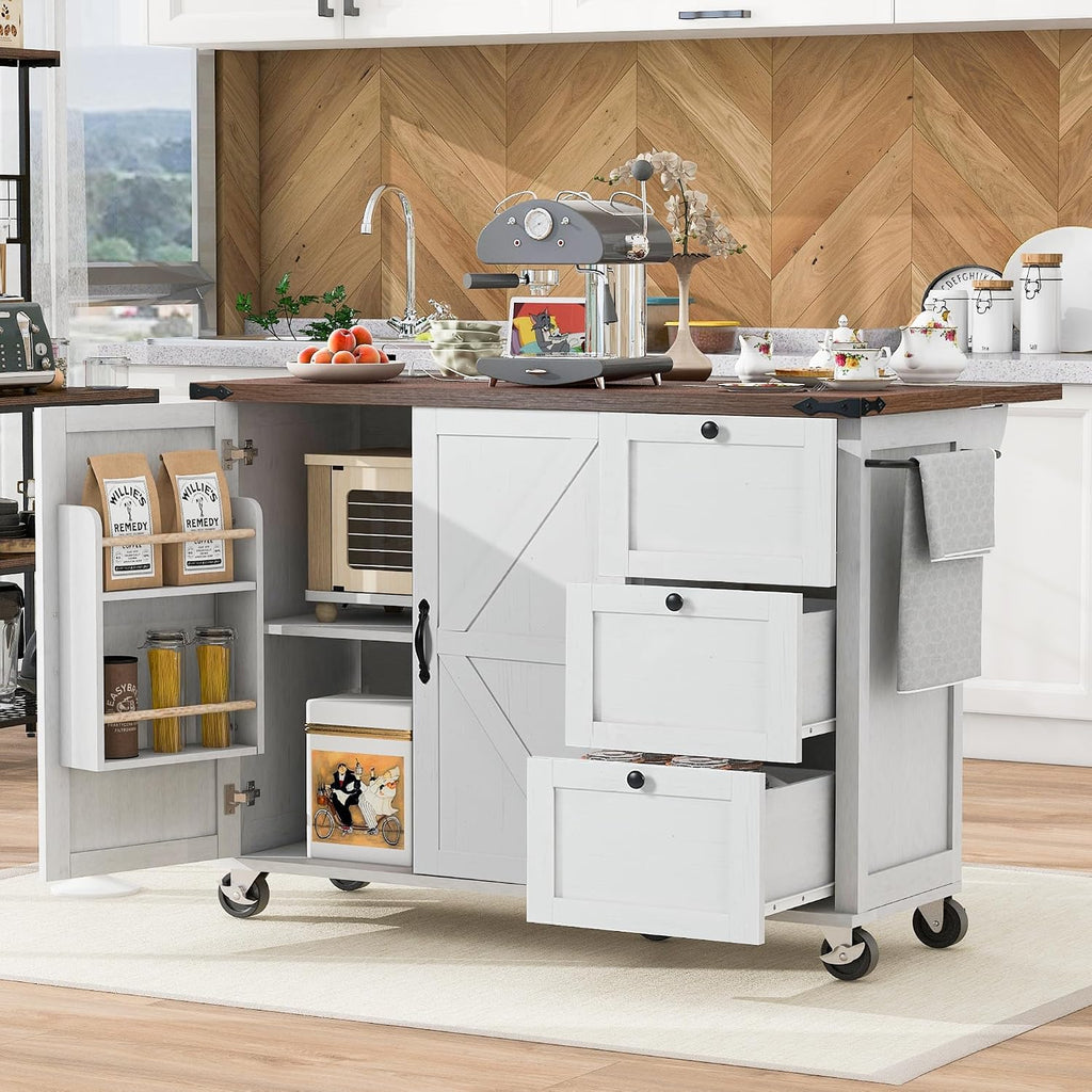 54.5' Farmhouse Rolling Kitchen Island Cart on Wheels with Power Outlet, Storage Island with Drop Leaf, Spice Rack and Drawer for Dining Room Kitchens Living Room White