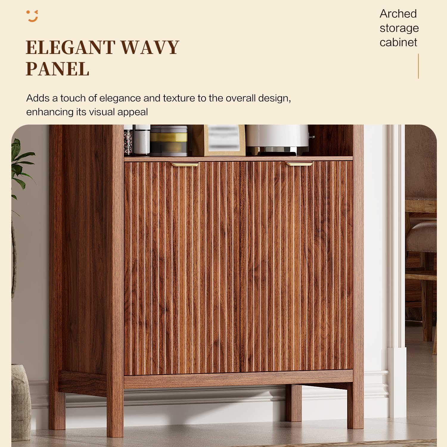 Ieejdn 71' Tall Arched Kitchen Pantry,Modern Fluted Wood Storage Cabinet with Doors,Adjustable Shelves,Organizer, Versatile Cupboard for Kitchen,Living Room,Dining Room,Bathroom,Walnut3