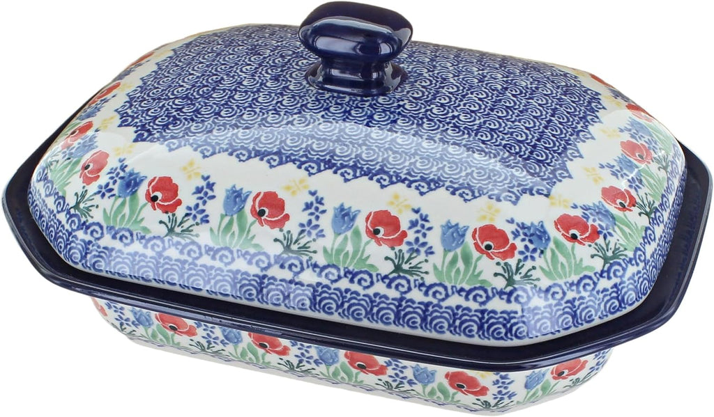Blue Rose Polish Pottery - Blue Memory Garden Medium Covered Baker - 3 Cup Capcaity - Unique, Dishwasher Safe, & Durable Bakeware