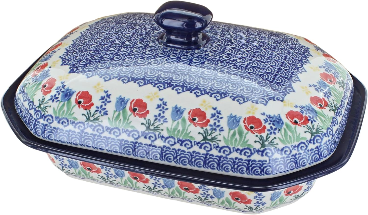 Blue Rose Polish Pottery - Blue Memory Garden Medium Covered Baker - 3 Cup Capcaity - Unique, Dishwasher Safe, & Durable Bakeware