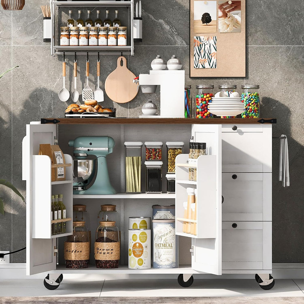 54.5' Farmhouse Rolling Kitchen Island Cart on Wheels with Power Outlet, Storage Island with Drop Leaf, Spice Rack and Drawer for Dining Room Kitchens Living Room White