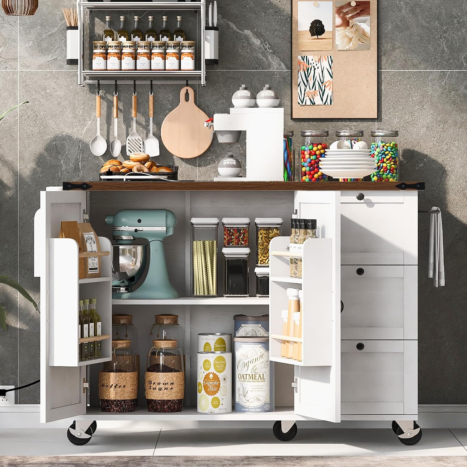 54.5' Farmhouse Rolling Kitchen Island Cart on Wheels with Power Outlet, Storage Island with Drop Leaf, Spice Rack and Drawer for Dining Room Kitchens Living Room White