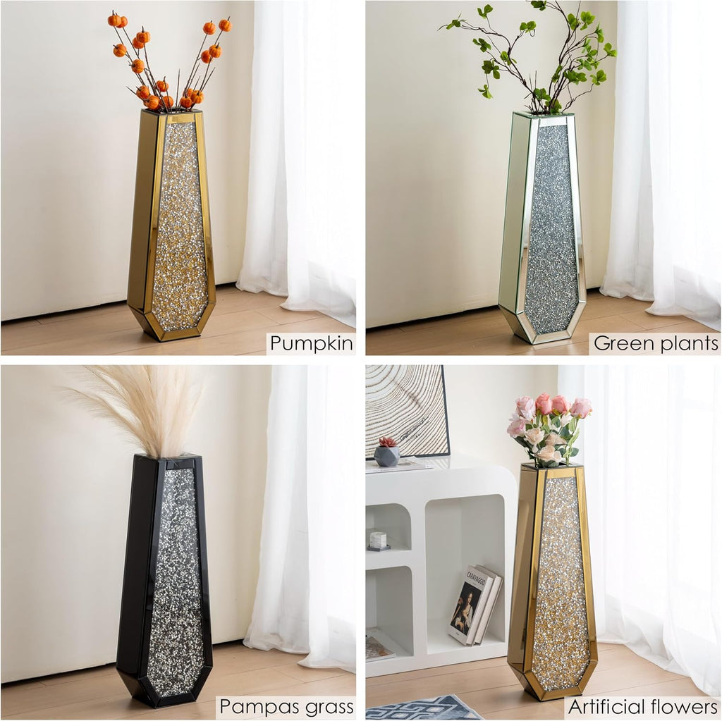 SHYFOY 30' Tall Floor Vase Black Crushed Diamond Tall Vases for Decor Living Room Floor Large Crystal Glass Decorative Floor Vase for Living Room Office Home Decor