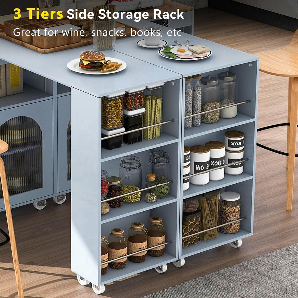 Rolling Kitchen Island W/Extended Table, Kitchen Island On Wheels with LED Lights,Power Outlets and 2 Fluted Glass Doors,Kitchen Island with a Storage Compartment&Side 3 Open Shelves (Light blue )