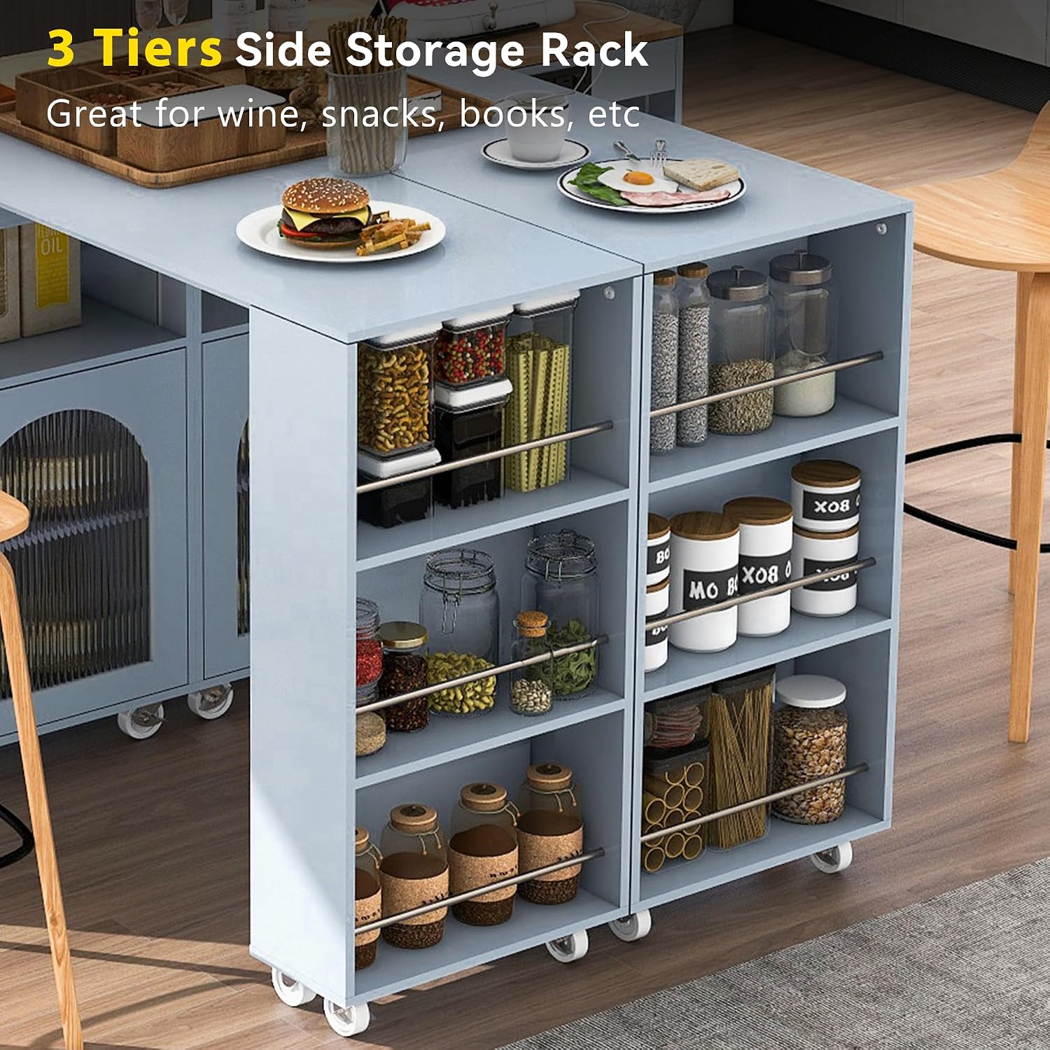 Rolling Kitchen Island W/Extended Table, Kitchen Island On Wheels with LED Lights,Power Outlets and 2 Fluted Glass Doors,Kitchen Island with a Storage Compartment&Side 3 Open Shelves (Light blue )