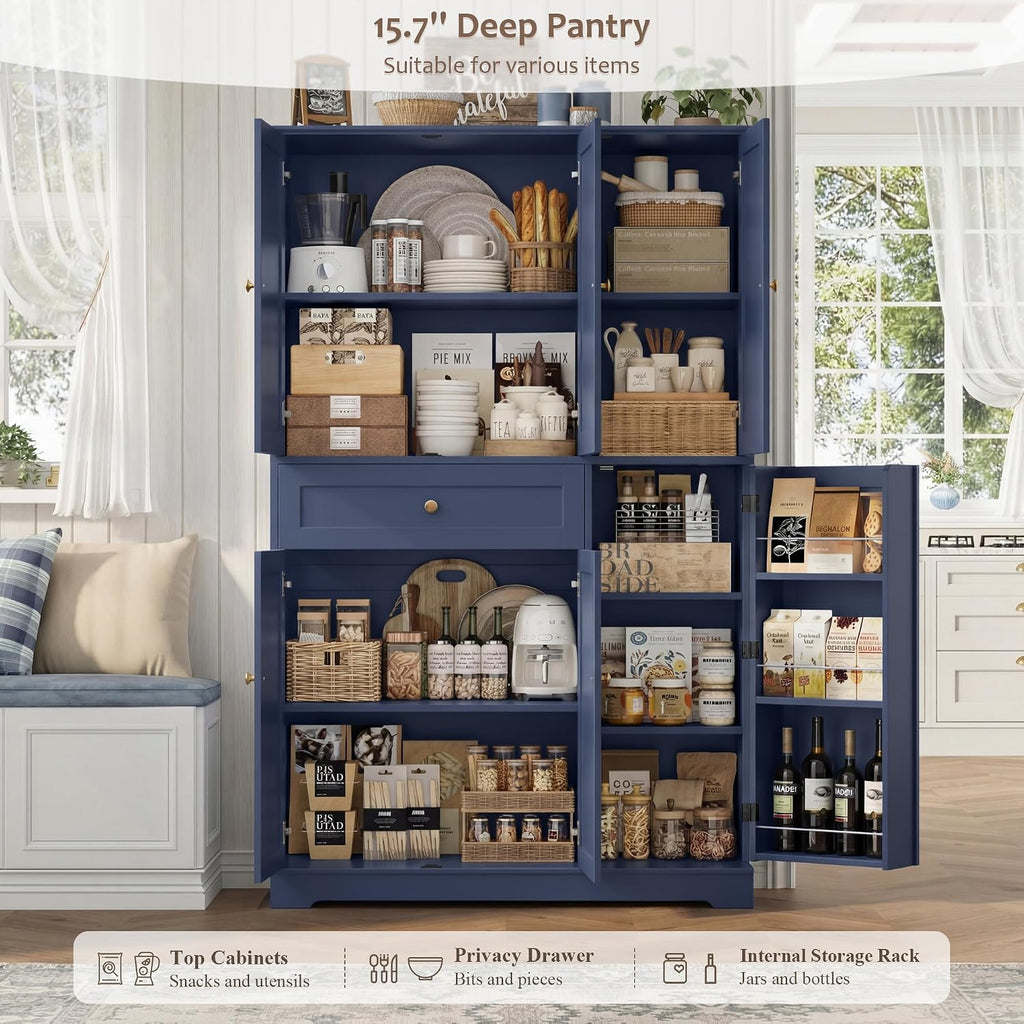 HOSTACK 68' Tall Kitchen Pantry Storage Cabinet, Modern Kitchen Hutch Cabinet with Doors and Shelves, Freestanding Food Pantry with Large Storage Drawer for Dining Room, Living Room, Navy Blue