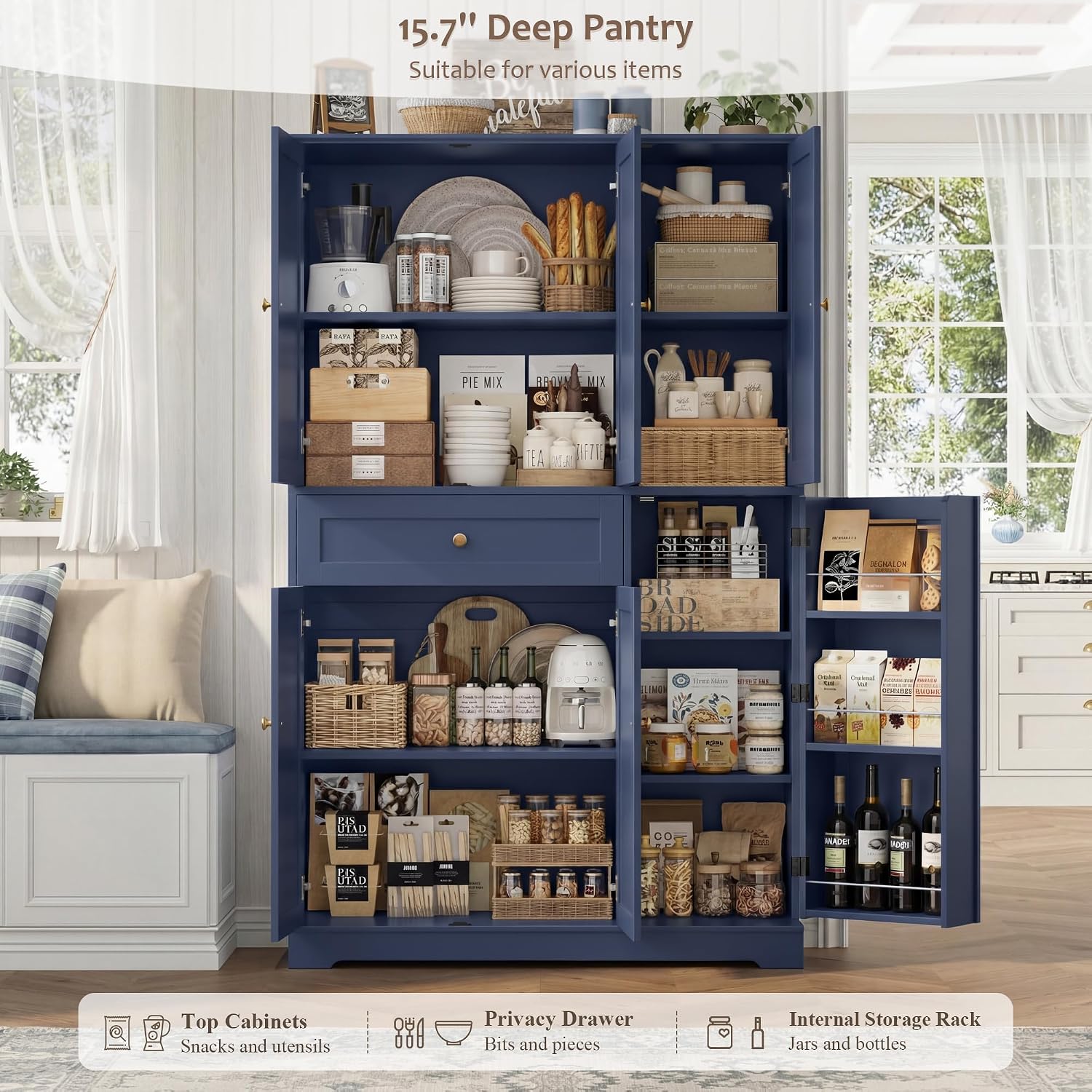 HOSTACK 68' Tall Kitchen Pantry Storage Cabinet, Modern Kitchen Hutch Cabinet with Doors and Shelves, Freestanding Food Pantry with Large Storage Drawer for Dining Room, Living Room, Navy Blue