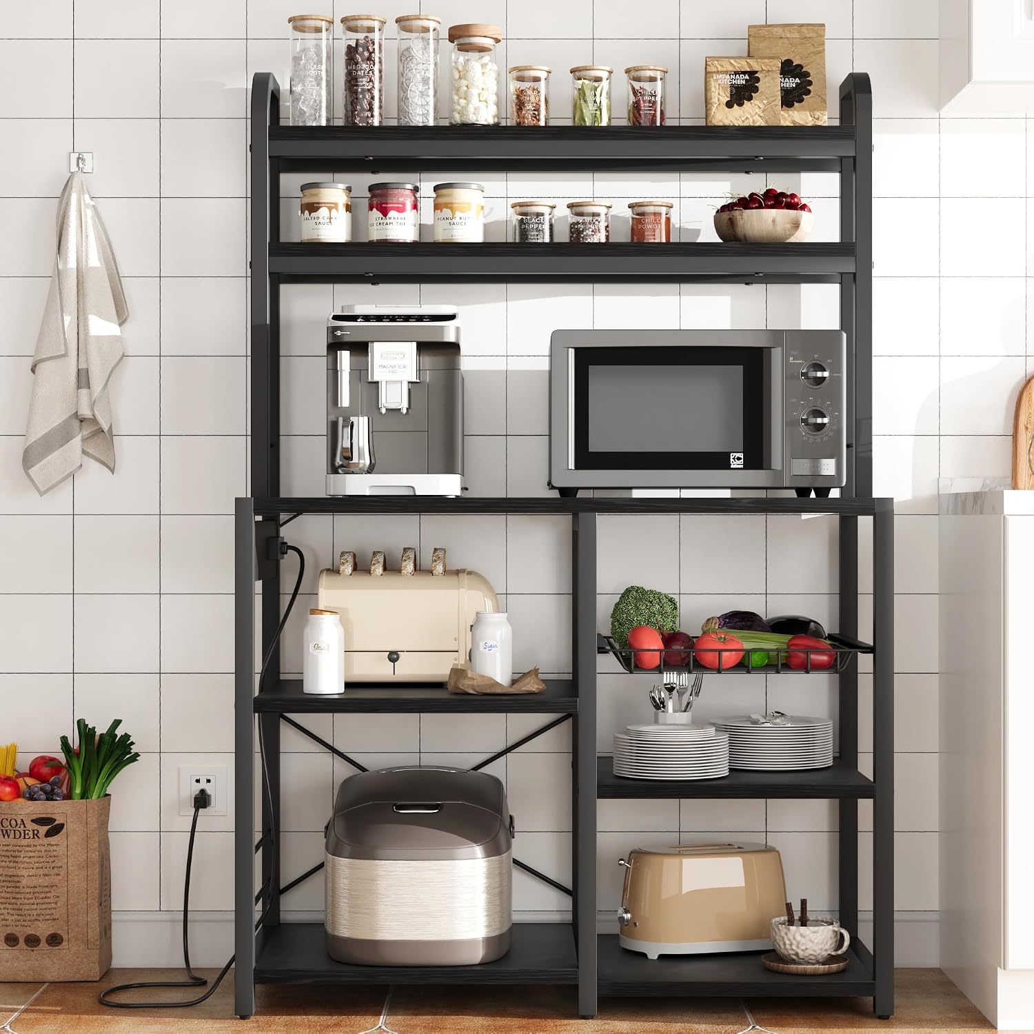 Garvee Bakers Rack with Power Outlet, 6-Tier Large Microwave Stand with Wire Basket, Large Coffee Bar Station, Open Storage Metal Kitchen Shelf Rack for Spices, Pots and Pans