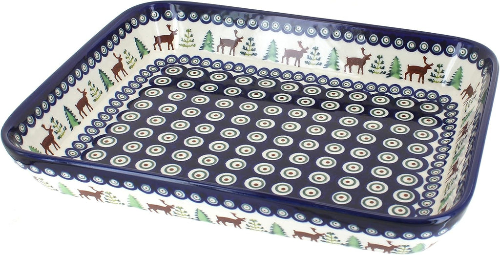 Blue Rose Polish Pottery - Blue Reindeer Pine Medium Rectangular Baker - 12' x 9.75' - Unique, Dishwasher Safe, & Durable Bakeware