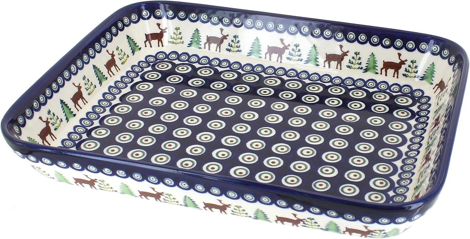 Blue Rose Polish Pottery - Blue Reindeer Pine Medium Rectangular Baker - 12' x 9.75' - Unique, Dishwasher Safe, & Durable Bakeware