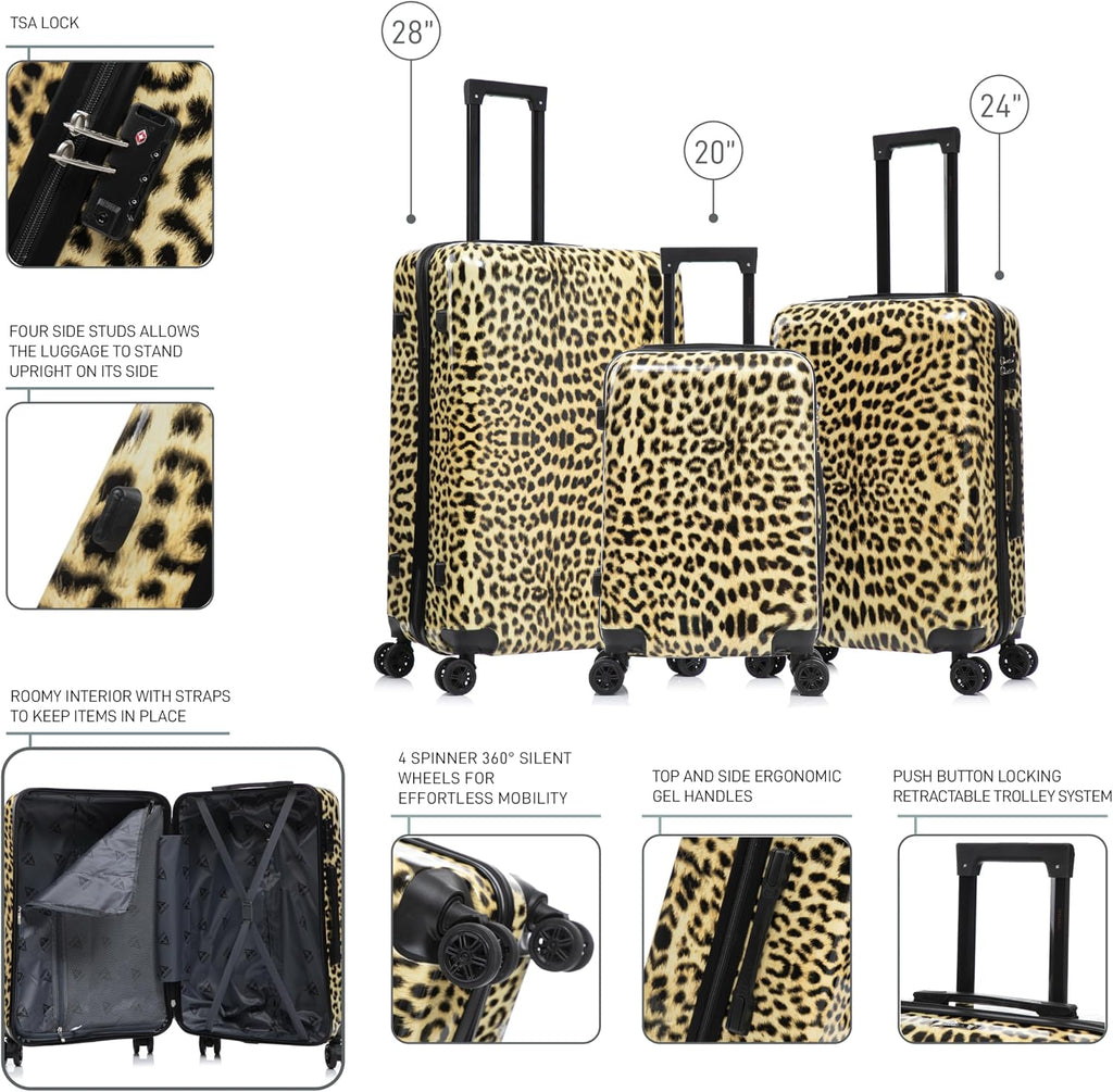 InUSA Cheetah Print Luggage with Spinner Wheels | Durable Lightweight Hardside Suitcase | Travel Bag with Handle and Trolley | (20in, 24in, 28in) 3 Piece Set