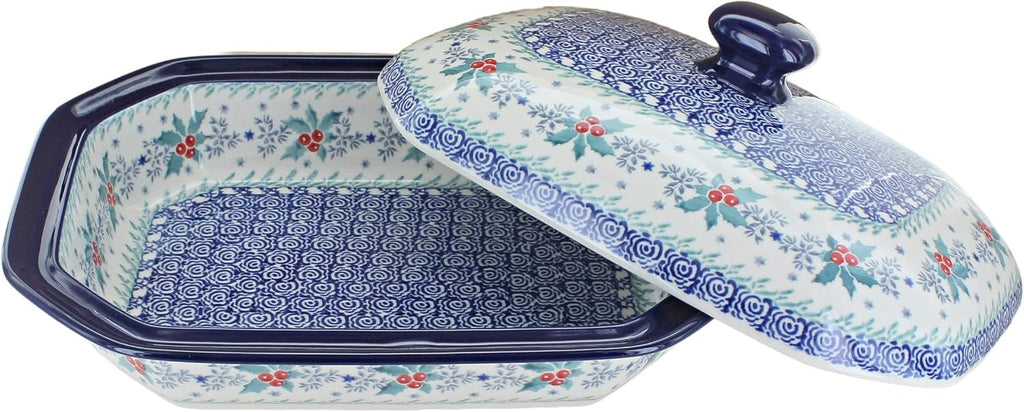 Blue Rose Polish Pottery - Blue December Joy Medium Covered Baker - 3 Cup Capcaity - Ceramic Baking Dish, Festive Design,Perfect Christmas Gift