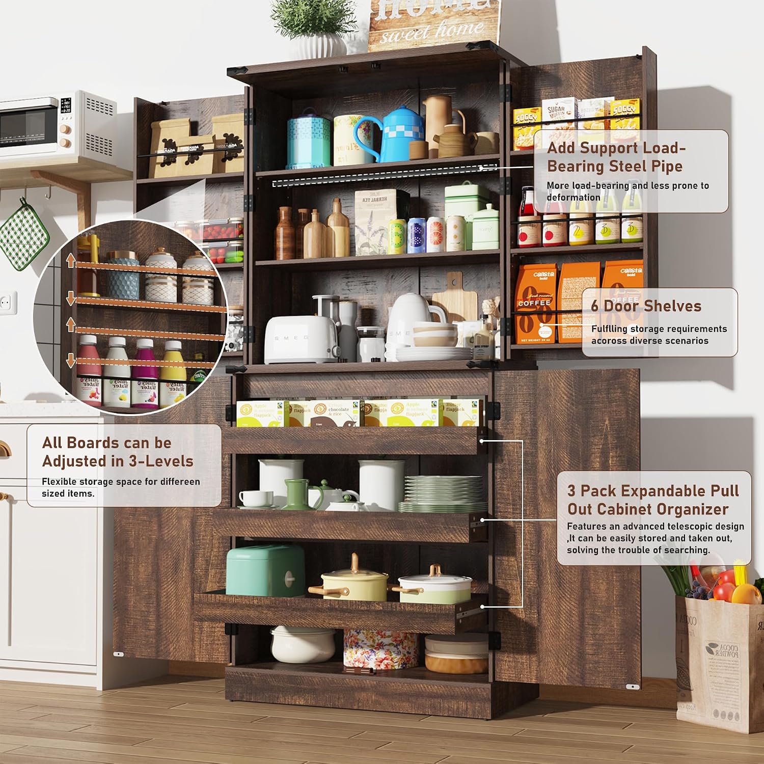 Hlivelood Farmhouse Kitchen Pantry Cabinet with 3 Drawers,71' Tall Rustic Wood Storage Cabinet with 6 Door Shelves,with Load-Bearing Steel Pipe,Pantry Organizers for Kitchen,Dining Room(Rustic Brown)