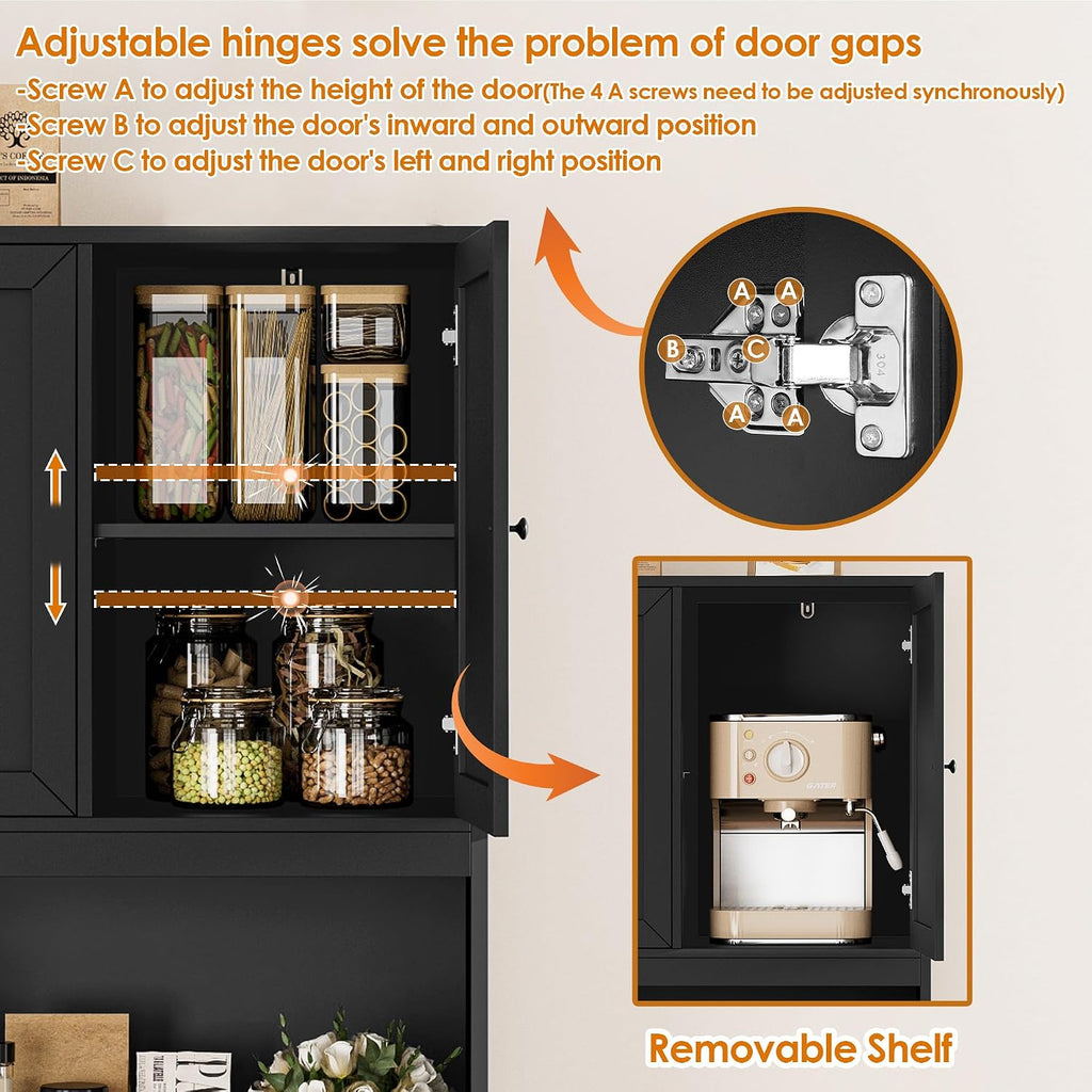 BOTLOG 72' Kitchen Pantry Cabinet, Kitchen Hutch with Microwave Stand, Buffet Cabinet with Hutch for Dining Room, Black