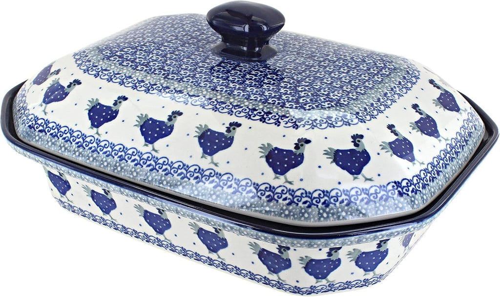 Blue Rose Polish Pottery - Blue Barnyard Rooster Large Covered Baker - 6 Cup Capacity - Unique, Dishwasher Safe, & Durable Bakeware