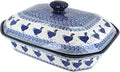 Blue Rose Polish Pottery - Blue Barnyard Rooster Large Covered Baker - 6 Cup Capacity - Unique, Dishwasher Safe, & Durable Bakeware