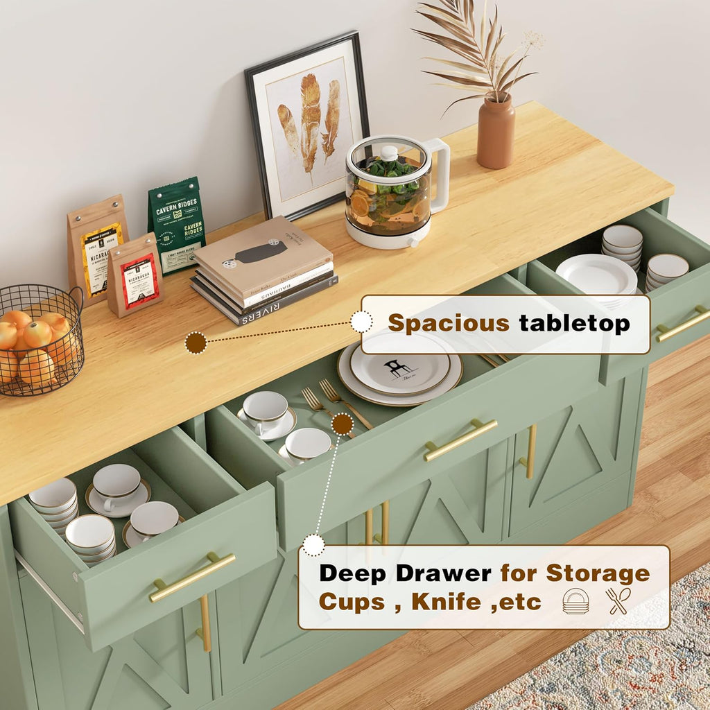 Vongrasig Buffet Cabinet with Storage, Farmhouse Coffee Bar Table with Drawers, 53' Large Modern Sideboard Buffet with Adjustable Shelves, Wood Buffet Table for Kitchen, Dining Room, Green