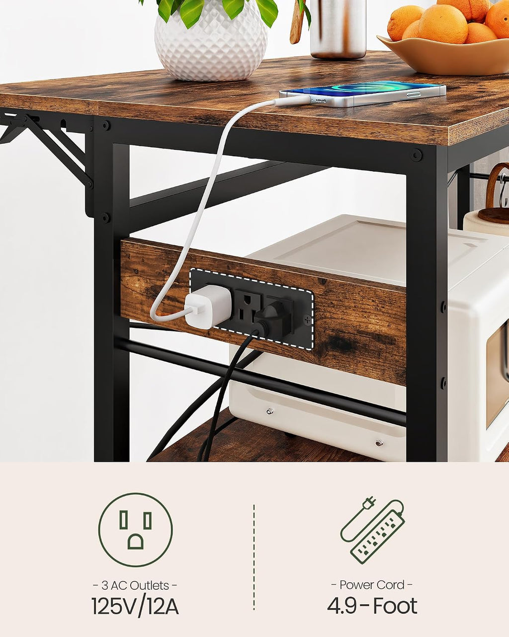 CHOEZON Kitchen Island with Power Outlet and Pot Racks Bundle, Movable with 3-Tier Storage, for Kitchen, Dining and Living Room TZD02UBF-TPR15BB