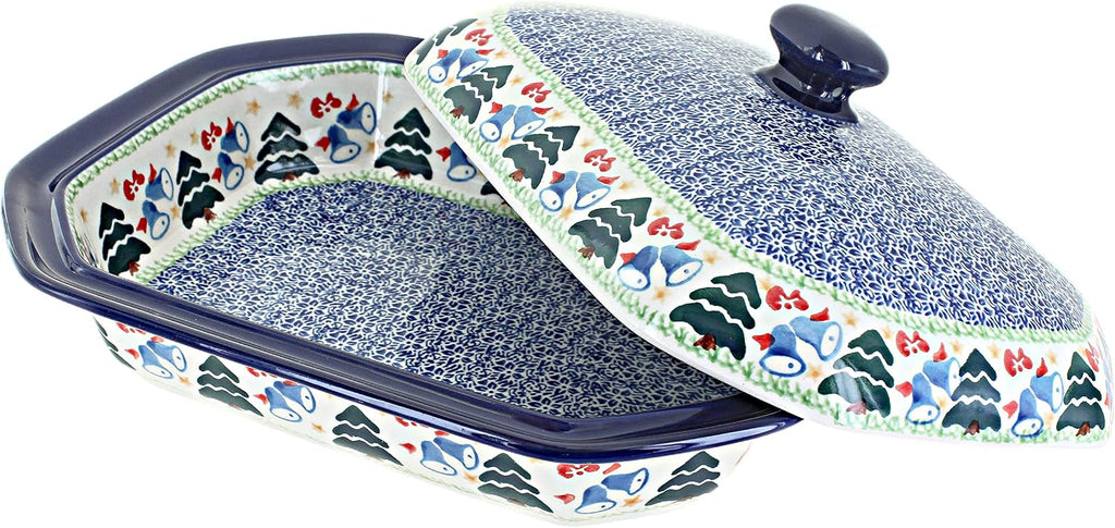 Blue Rose Polish Pottery - Winter Bells Medium Covered Baker - 3 Cup Capcaity - Ceramic Baking Dish, Festive Design, Perfect Christmas Gift