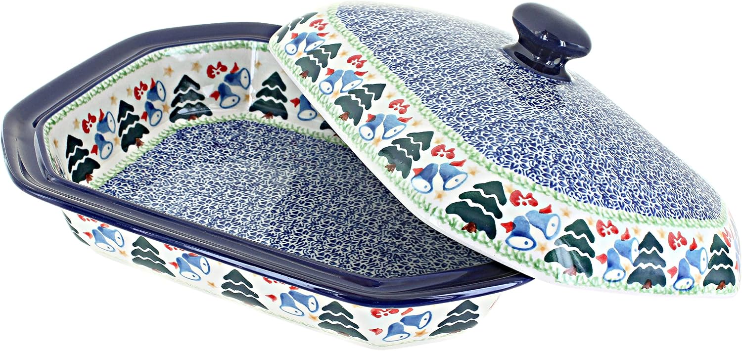 Blue Rose Polish Pottery - Winter Bells Medium Covered Baker - 3 Cup Capcaity - Ceramic Baking Dish, Festive Design, Perfect Christmas Gift
