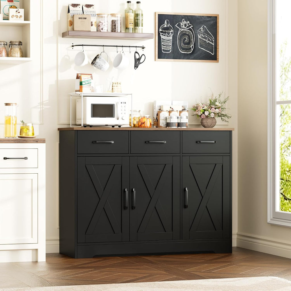 HOSTACK Modern Farmhouse Buffet Sideboard Cabinet, Barn Doors Storage Cabinet with Drawers and Shelves, Wood Coffee Bar with Storage for Dining Room, Kitchen, Living Room, Black/Rustic Brown