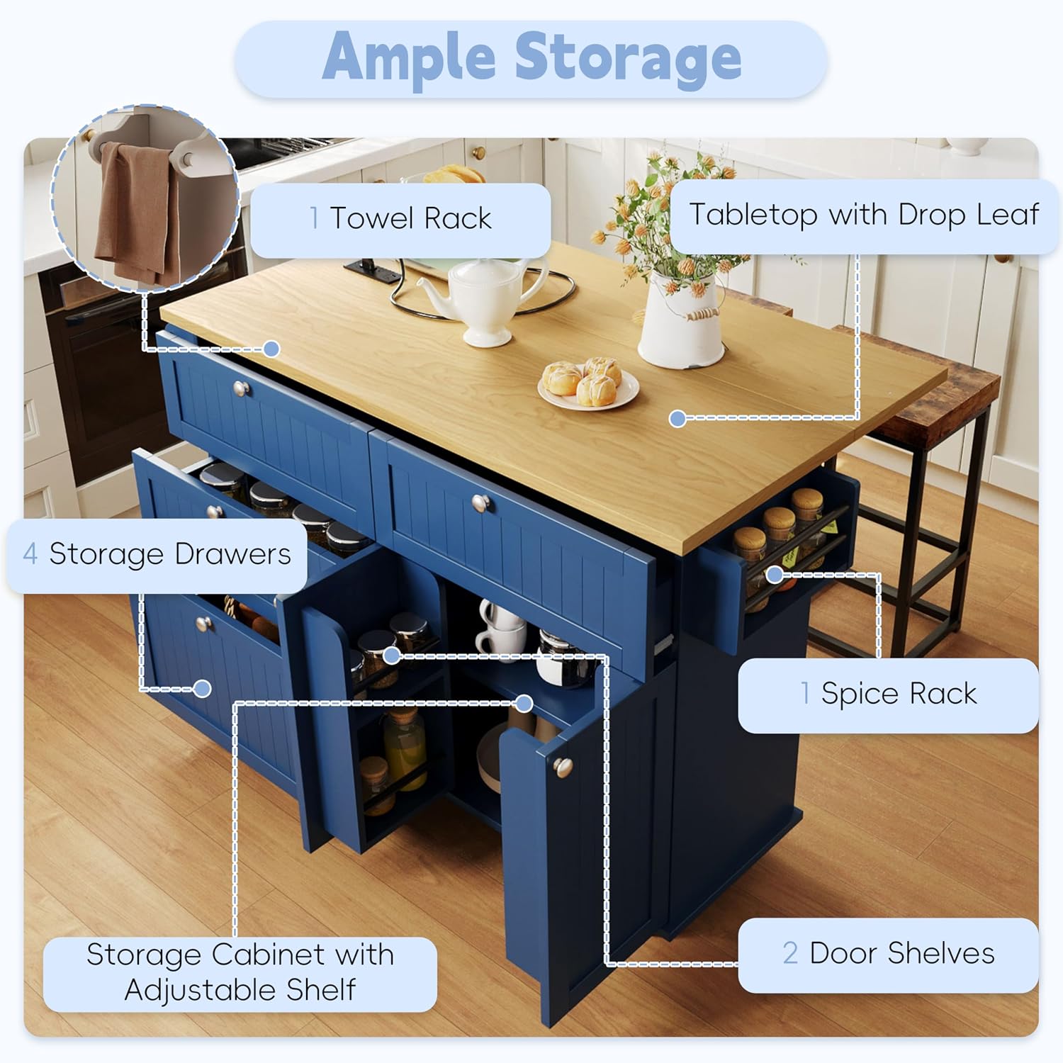 Farmhouse Kitchen Island with Drop Leaf and 2 Seatings, Kitchen Table Set with Storage Cabinet, Drawers, Door Shelves and Power Outlet Blue+Black+Brown